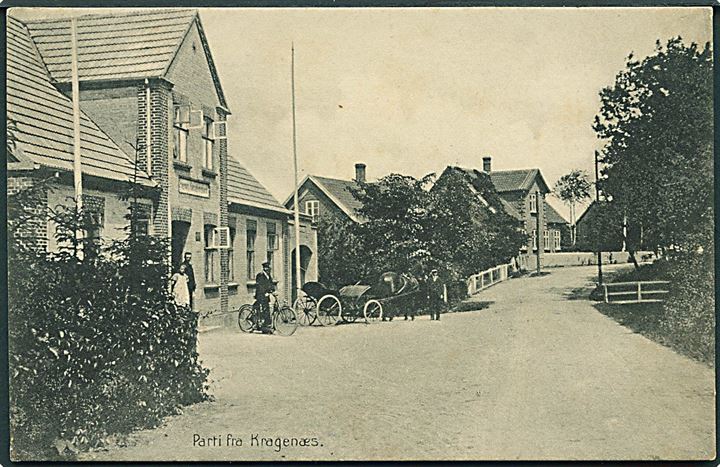 15 øre Chr. X på brevkort (Parti fra Kragenæs) annulleret med smukt bureaustempel Nakskov - Kragenæs T.42 d. 5.12.1921 til Vesterby på Fejø. Vanskeligt stempel.
