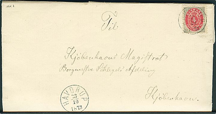 4 sk. Tofarvet 8. tryk på brev med indhold dateret Ørsted Præstegaard annulleret med pænt lapidar VI Havdrup d. 23.10.1873 til Kjøbenhavn. Fuldt indhold.