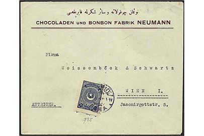 7½ Piastre blå på brev fra chokolade fabrik i Pera, Tyrkiet, til Wien, Østrig.