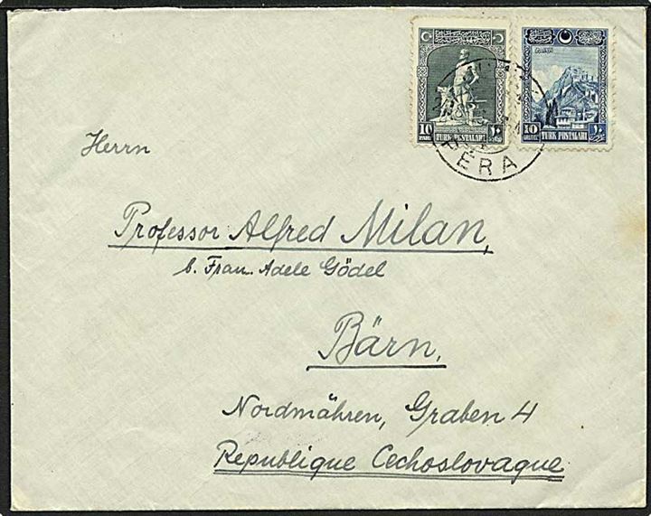10,10 para porto på brev fra Pera, Tyrkiet, til Bärn, Tjekkoslovakiet.