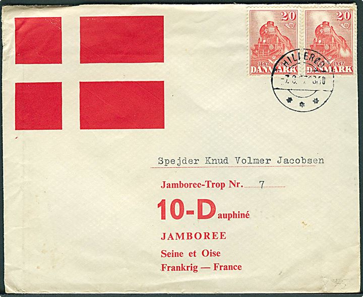 20 øre DSB i par på fortrykt kuvert med Dannebrog fra Hillerød d. 7.8.1948 til spejder ved  11. Verdens Spejder Jamboree: Jamboree-Trop Nr. 7, 10-Dauphiné, Jamboree, Seine et Oise, Frankrig.