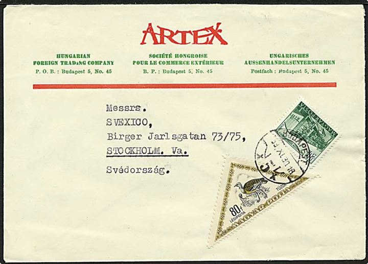 100 filler porto på brev fra Budapest d. 30.11.1953 til Stockholm, Sverige. Frimærke med fugle.