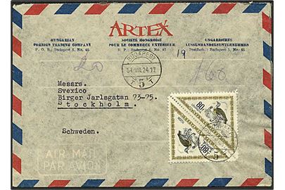 160 filler porto på luftpost brev fra Budapest d. 24.8.1954 til Stockholm, Sverige. Frimærker med fugle.