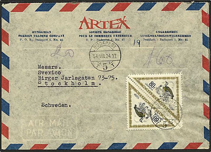 160 filler porto på luftpost brev fra Budapest d. 24.8.1954 til Stockholm, Sverige. Frimærker med fugle.