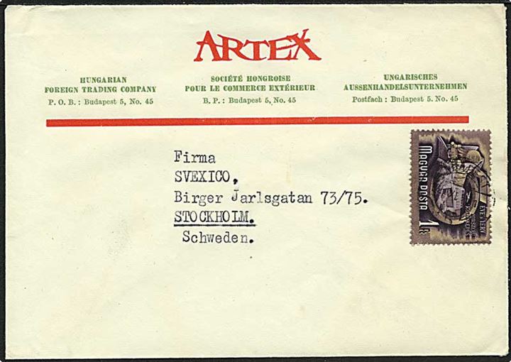 1 forint singelfrankatur på brev fra Budapest til Stockholm, Sverige.