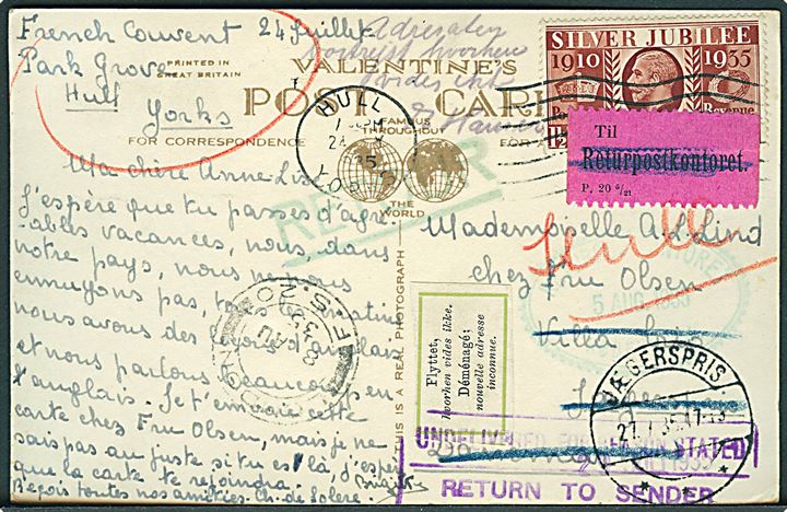 Engelsk 1½d Silver Jubilee på brevkort fra Hull d. 24.7.1935 til Jægerspris, Danmark. Retur via Returpost-kontoret med 2-sproget etiket: “Flyttet hvorhen vides ikke”. Flere stempler.