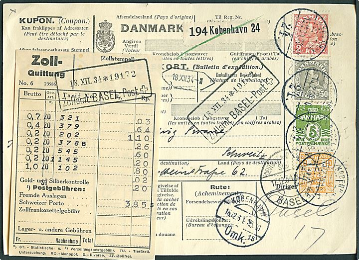 10 øre Gebyrmærke, 5 øre Bølgelinie, samt 50 øre og 2 kr. Chr. X på internationalt adressekort for pakke fra København d. 15.12.1934 til Basel, Schweiz. Svag fold.