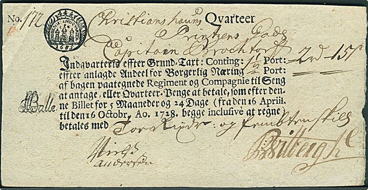 1728. Indkvarteringsseddel for Captain Brochtorf på Printzens Gods, Christianshavn for perioden 16.4. til 16.10 1728. Fortrykt formular.
