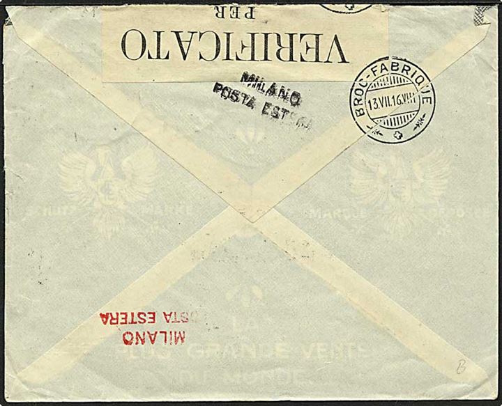 25 c. Viktor Emanuell II på brev fra Milano d. 5.7.1916 til chocholade-fabrik i Broc, Schweiz. På bagsiden ank.lstempel Broc-Fabrique. Åbnet af italiensk censur.