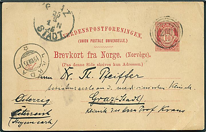 10 øre helsagsbrevkort dateret Borgund annulleret med 4-ringsstempel “200” og sidestemplet Lærdal d. 19.8.1895 til Graz, Østrig. “200” blev benyttet ved sommerbrevhus i Kirkevold på Borgund Hotel fra 15.7.1895.