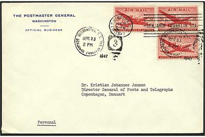 5 cent rød air mail på brev fra Washington, USA, d. 25.4.1947 til København.
