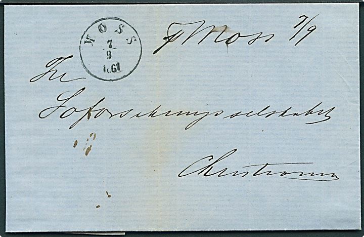 1861. Ufrankeret dampskibsbrev med antiqua Moss d. 7.9.1861 til Christiania. Påskrevet “pr. Moss 7/9”. Dampskibet “Moss”, bygget 1855 besejlede ruten fra Moss over Horten til Christiania. 