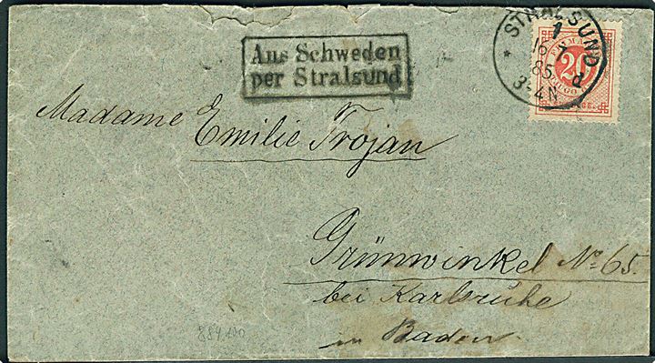 20 øre Ringtype single på brev annulleret m. tysk stempel i Stralsund d. 16.7.1885 og sidestemplet “Aus Schweden per Stralsund” til Grünwinkel bei Karlsruhe, Tyskland. 