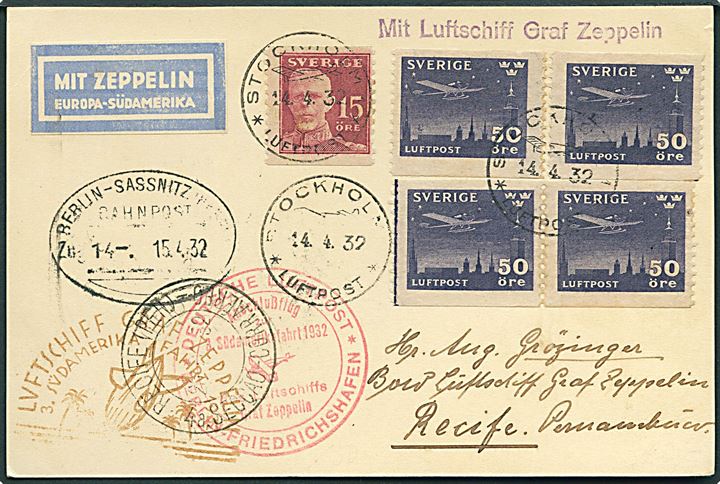 15 öre Gustaf og 50 öre Luftpost (4) på Zeppelin-luftpost brevkort fra Stockholm d. 14.4.1932 via Berlin-Sassnitz (Hafen) og Anschlussflug Berlin-Friedrichshafen, samt LZ 127 “Graf Zeppelin” til Recife, Brasilien. Brunt flyvningsstempel fra 3. Südamerikafahrt 1932. 