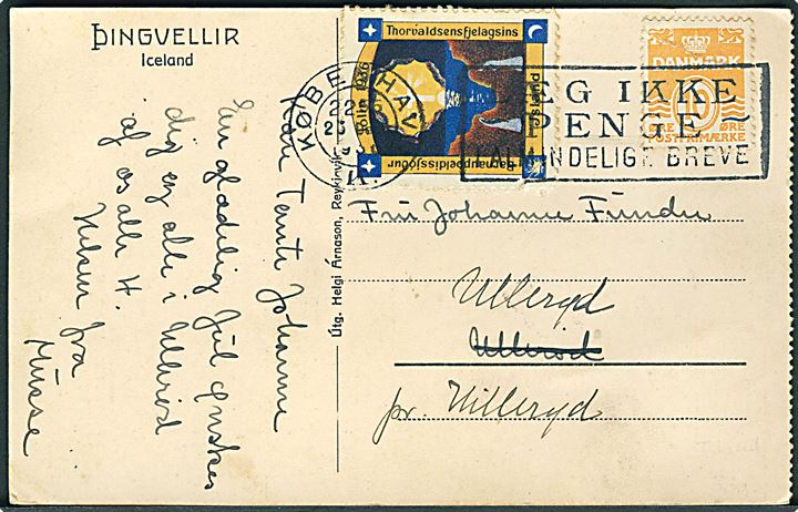 10 øre Bølgelinie (rift) og islandsk Thorvaldsen Forening  Julemærke 1936 på brevkort (Thingvellir) fra København d. 23.12.1936 til Hillerød. Usædvanlig anvendelse af islandsk julemærke i Danmark.