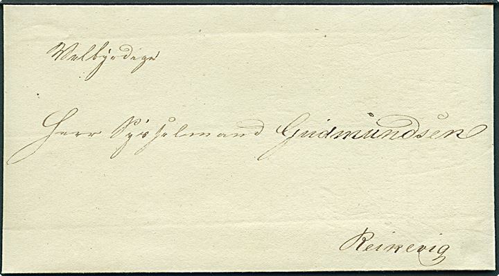 1840. Brev med indhold dateret Kieblevig (Keflavik) d. 4.11.1840 underskrevet W. Fischer til Sysselmand Gudmundsen i Reikevig (Reykjavik). Flot præfil brev.