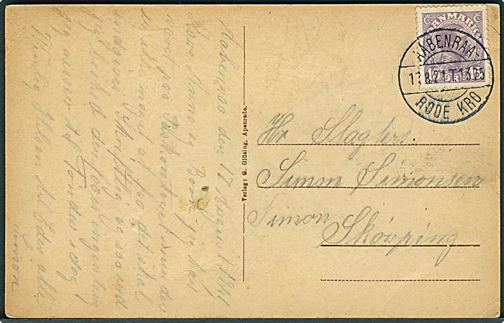 15 øre Chr. X på brevkort fra Aabenraa annulleret med bureaustempel Aabenraa - Røde Kro T.1375 d. 17.8.1921 til Skørping. Flot aftryk.