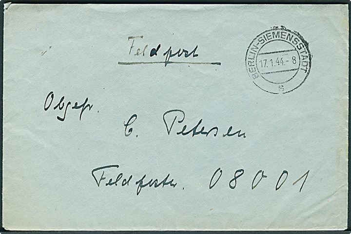 Ufrankeret tysk feltpostbrev fra Berlin-Siemensstadt d. 17.1.1944 til Obgef. C. Petersen ved Feldpost Nr. 08001 = Marine-Nachrichten-Offizier Hjörring (Jütland). Fuldt indhold.
