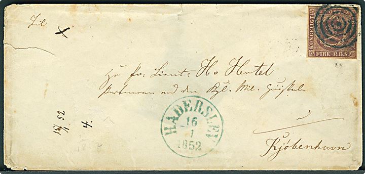 4 R.B.S. Ferslew på brev annulleret med stumt stempel og sidestemplet grønblå antiqua Haderslev d. 16.1.1852 til Kjøbenhavn. Rift i venstre side. Attest Arctander. 