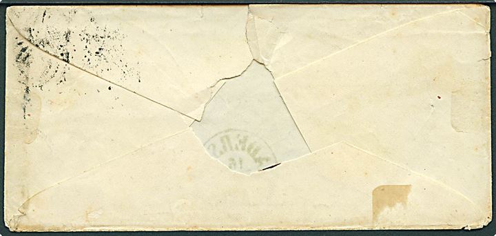 4 R.B.S. Ferslew på brev annulleret med stumt stempel og sidestemplet grønblå antiqua Haderslev d. 16.1.1852 til Kjøbenhavn. Rift i venstre side. Attest Arctander. 
