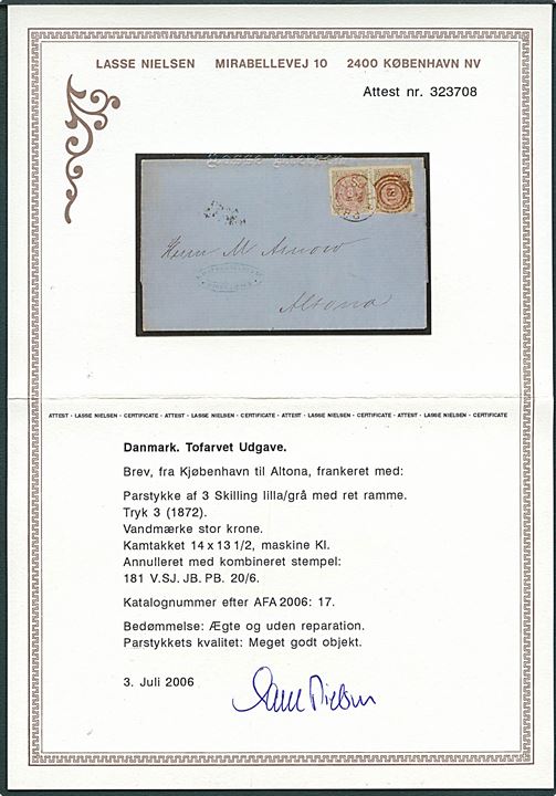 3 sk. Tofarvet 3. tryk pos. A77-78 i parstykke på 6 sk. frankeret brev fra Kjøbenhavn annulleret med kombineret nr.stempel “181”/V.SJ.JB.P.B. d. 20.6.1873 via bureau Kiel - Hamburg til Altona. Attest Nielsen. 