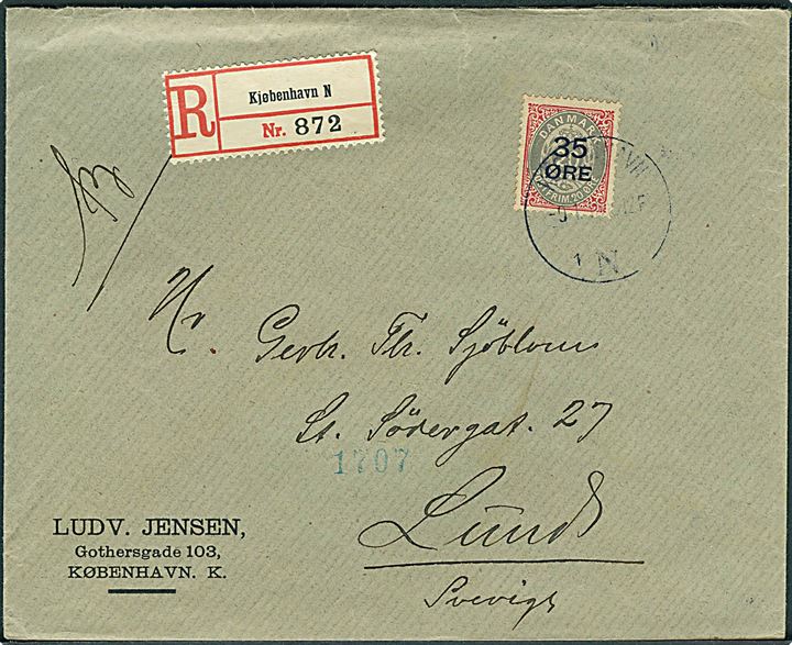 35/20 øre Provisorium single på anbefalet brev fra Kjøbenhavn N. d. 9.1.1918 til Lund, Sverige.