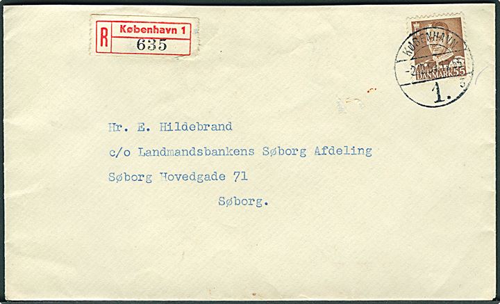 55 øre Fr. IX på lokalt anbefalet brev fra København d. 2.10.1951 til Søborg. God frankatur.