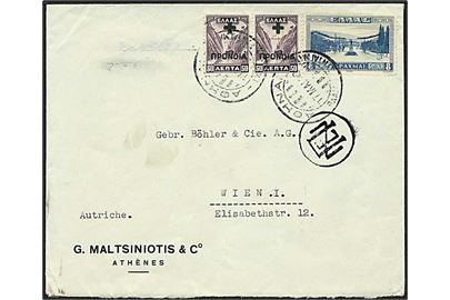 8 Dr. Athen Station og 50 L. Tvangstillægsmærker i par på brev fra Athen d. 17.5.1938 til Wien, Østrig.