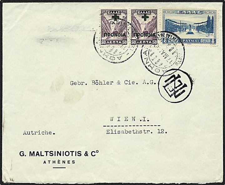 8 Dr. Athen Station og 50 L. Tvangstillægsmærker i par på brev fra Athen d. 17.5.1938 til Wien, Østrig.