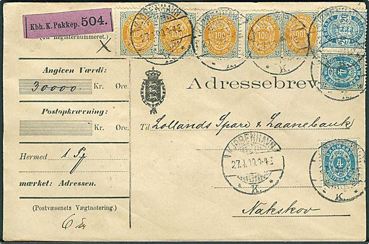 4 øre (2) og 100 øre (5) 5. tryk Tofarvet, samt 20 øre Våben på 528 øre frankeret adressebrev for værdipakke fra Kjøbenhavn d. 27.4.1899 til Nakskov.