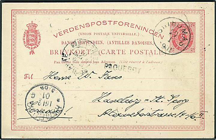 3 cents helsagsbrevkort stemplet St: Thomas d. 20.1.1901 via Le Havre d. 15.2.1901 m. skibsstempel PAQUEBOT til Hamburg, Tyskland.