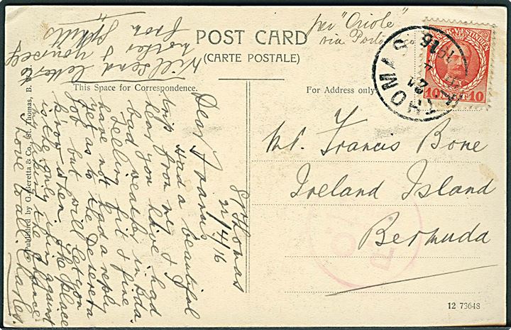 10 bit Fr. VIII på brevkort (Hamburg-American Coal Wharf, St. Thomas) stemplet St. Thomas d. 24.4.1916 påskrevet: per “Orice” via Porto Rico til Ireland Island, Bermuda. Rød censur: P.C. / BERMUDA. Sendt med den lille sloop “Orice”. 