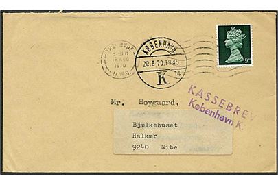 9 pence grøn på brev fra The Hyde d. 18.8.1970 til Nibe. Henlagt som kassebrev i København K.