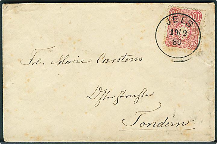 10 pfg. Adler på brev annulleret med enringsstempel Jels d. 19.2.1880 til Tondern. Flot retvendt aftryk.