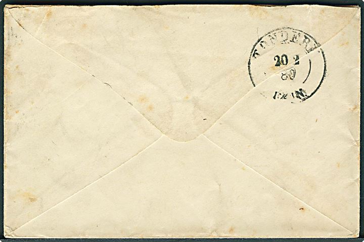 10 pfg. Adler på brev annulleret med enringsstempel Jels d. 19.2.1880 til Tondern. Flot retvendt aftryk.