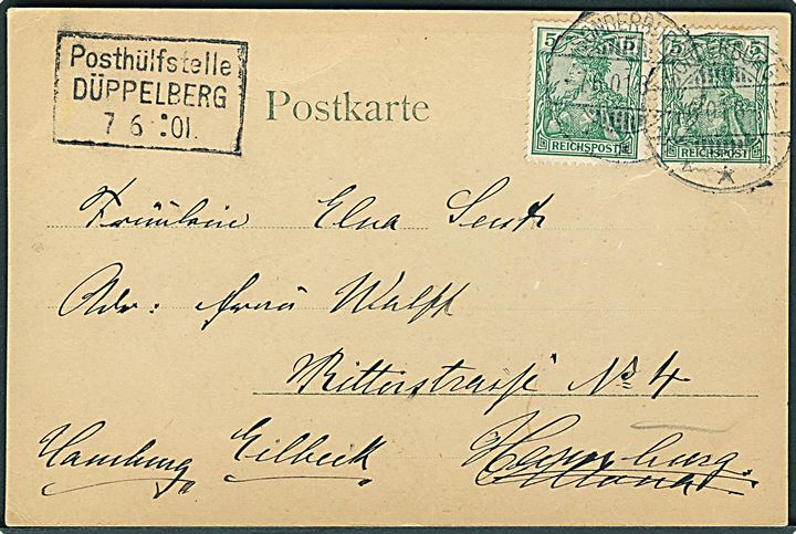 5 pfg. Germania (2) på brevkort (H. F. Kaatmann: Hilsen fra Dybböl-Bakke)  stemplet Sonderburg d. 7.6.1901 og sidestemplet Posthülfstelle Düppelberg d. 7.6.1901 til Hamburg-Eilbeck. 