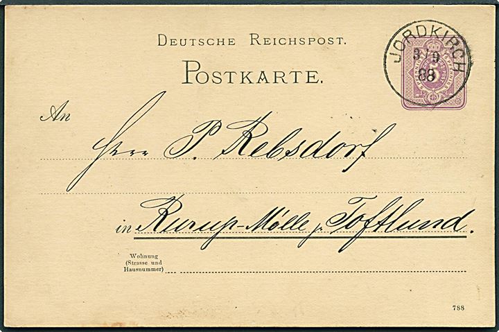 5 pfg. helsagsbrevkort annulleret med smukt retvendt enringsstempel Jordkirch d. 3.9.1888 til Rurup Mølle pr. Toftlund. Stempel anvendt 1 år senere end registreret i Daka. Luksus objekt.