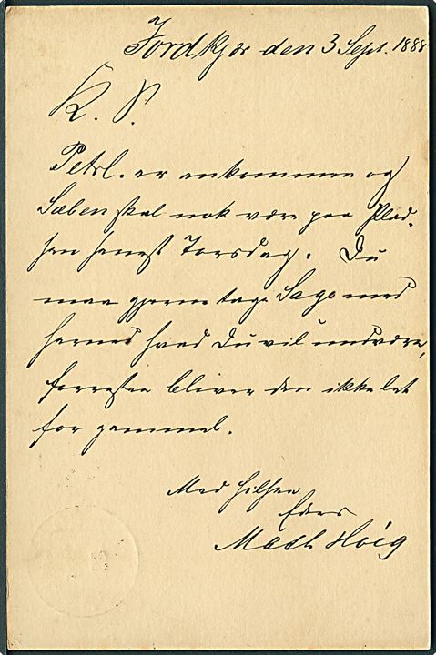 5 pfg. helsagsbrevkort annulleret med smukt retvendt enringsstempel Jordkirch d. 3.9.1888 til Rurup Mølle pr. Toftlund. Stempel anvendt 1 år senere end registreret i Daka. Luksus objekt.