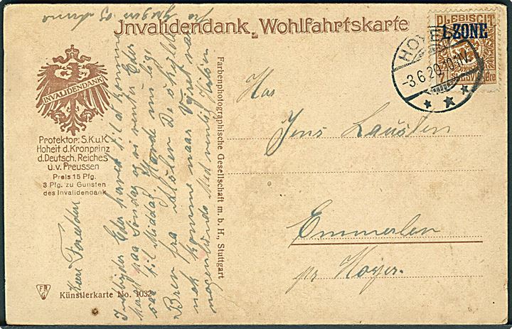 7 øre 1. Zone udg. på lokalt brevkort annulleret med tysk stempel Hoyer *** d. 3.6.1920 til Emmerlev pr. Højer. Ved Højer postkontor benyttede man det tyske stempel Hoyer helt frem til 17.6.1920 før man skiftede til det danske brotype IIb stempel Højer.