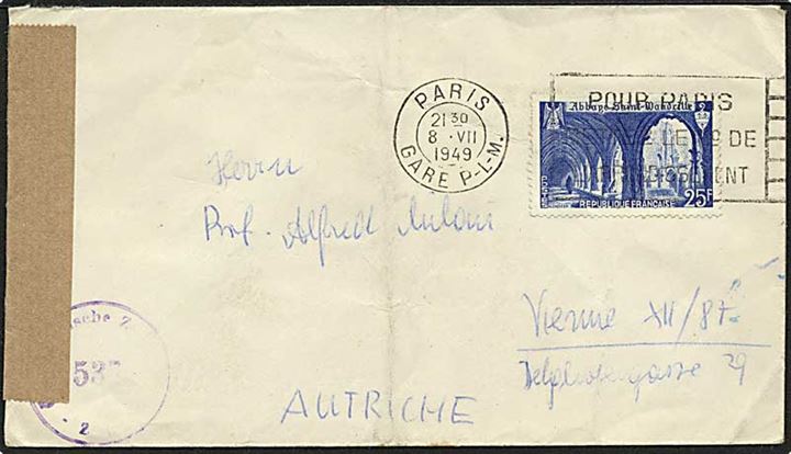 25 fr. St. Wandrille single på brev fra Paris d. 8.7.1949 til Wien, Østrig. Åbnet af østrigsk efterkrigscensur.