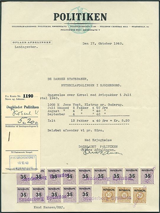 DSB “Rutebilpk.” provisorium 10 øre (3) og 35/80 øre (14) annulleret Sønderborg Bystation på kvittering til Politiken d. 17.10.1940 for kørsel af 13 avispakker i juli kvartal 1940. 