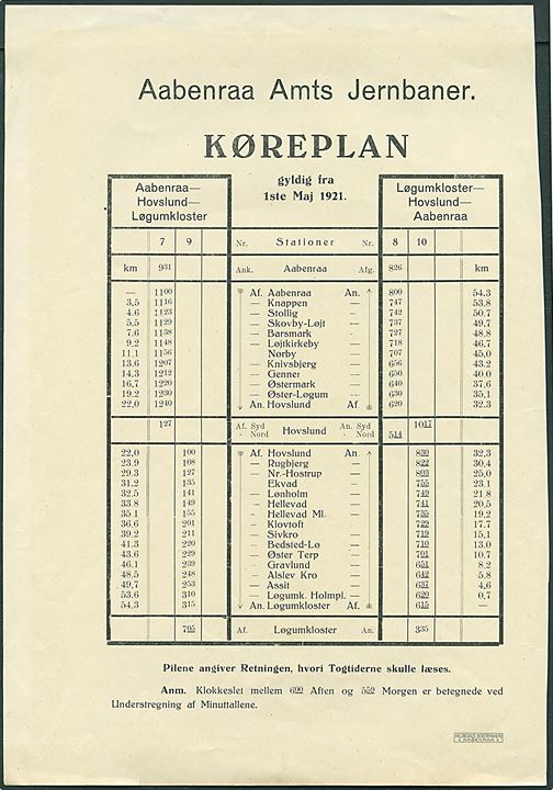 Aabenraa Amts Jernbaner Køreplan pr. 1.5.1921 for Aabenraa - Hovslund - Løgumkloster. 20x29 cm.