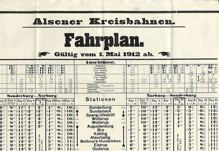 Alsener Kreisbahnen Fahrplan pr. 1.5.1912. Illustreret køreplan med landkort for både Sonderburg - Norburg og Sonderburg - Schauby banerne. Ca. 53x75 cm. Stor og meget sjælden køreplan fra det sønderjyske område. Folder.