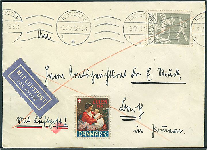 50 øre Luftpost single på luftpostbrev med Julemærke 1931 fra Haderslev d. 9.12.1931 via Hamburg til Burg på Fehmarn, Tyskland.