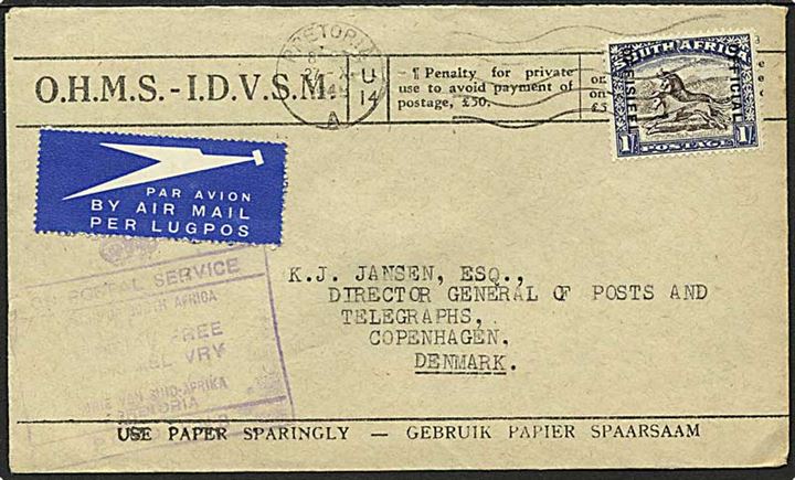 1 sh. Official provisorium single på luftpost-tjenestebrev fra Pretoria 1949 til København, Danmark.
