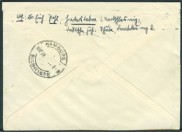 50 øre Luftpost single på luftpostbrev med Julemærke 1931 fra Haderslev d. 9.12.1931 via Hamburg til Burg på Fehmarn, Tyskland.