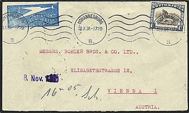 1 sh. single på luftpostbrev fra Johannesburg d. 30.10.1936 via Athen til Wien, Østrig. Transit stempler på bagsiden.