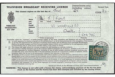 £7 TV licence mærke på licencekvittering stemplet Chester d. 31.7.1975.