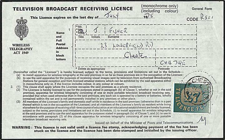 £7 TV licence mærke på licencekvittering stemplet Chester d. 31.7.1975.