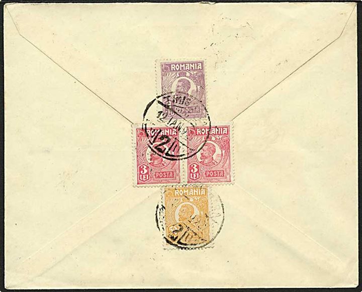 50 B., 3 L. (2) og 3 L. Ferdinand I på bagsiden af brev fra Timisoare i Banat 1927 til Wien, Østrig.